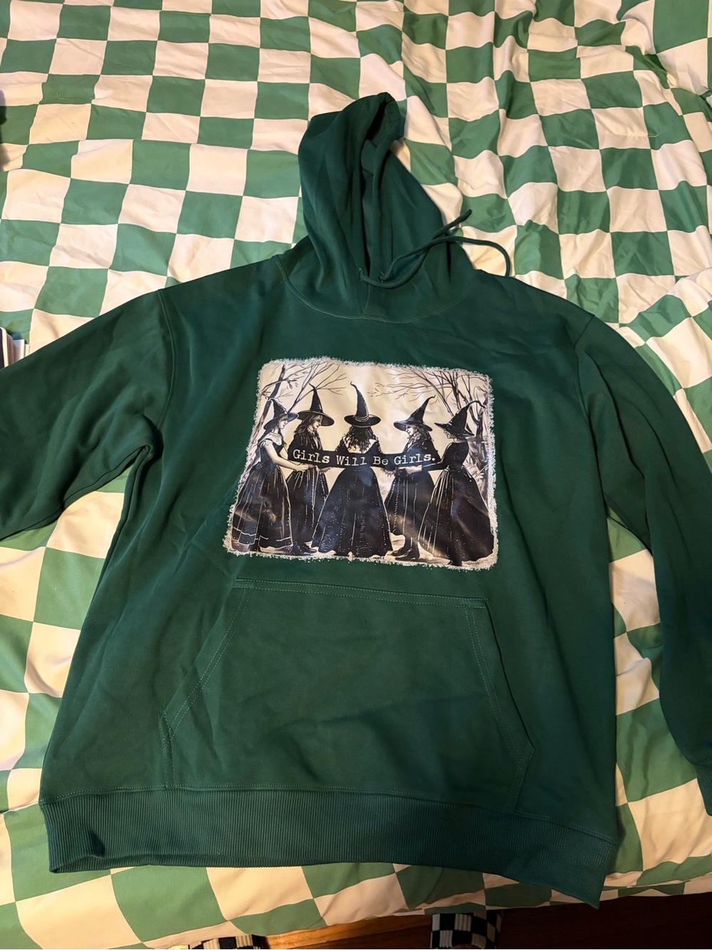 Green Graphic Hoodie with Witch Illustration